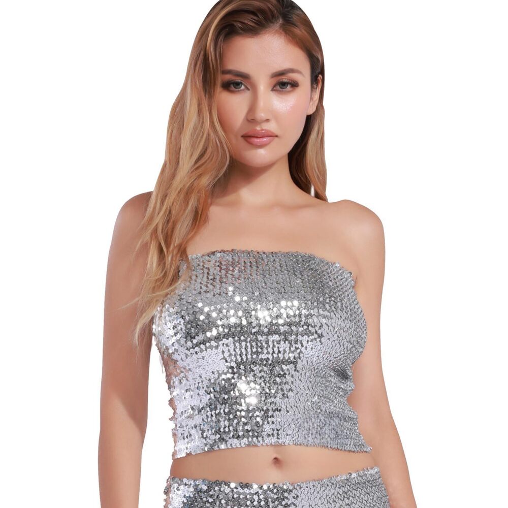4927 Sparkling Sequins Tube Top Strapless Stretchy Tank Top Crop Top Sexy